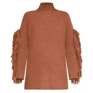 BCBG Maxazria Burnt Sienna Brown Boho Fringe Mock Neck Merino Wool Tunic Sweater